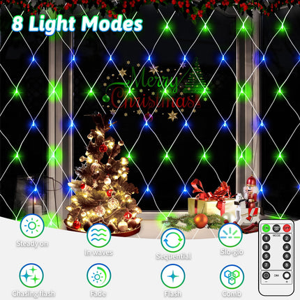 200 LED Christmas Net Lights Outdoor Decorations 3M2M Mesh Lights Fairy String Lights Plug in with Timer 8 Modes Waterproof for Outside Bush Window Wall Patio Fence Party Decor-Blue and Green