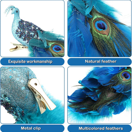 4 Pcs Peacock Christmas Tree Ornaments Long Tail Feather Peacock Christmas Decorations Glitter Peacock Bird Clip On Ornament for Xmas Tree Decor (Classic Style)