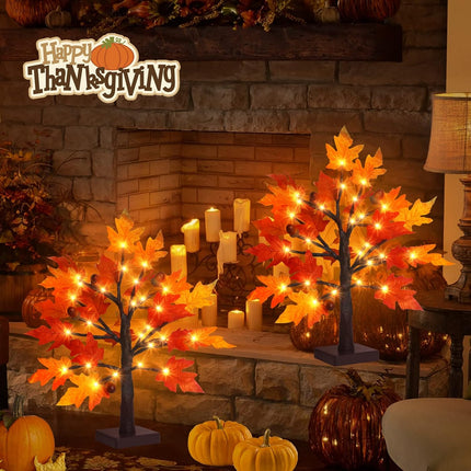 Remon 2Pack Artificial Fall Lighted Maple Tree - 1.5FT 36 LED Thanksgiving Decor Lights, Battery Operated Tabletop Lamp with 6 Acorns, 6-Hours Timer, for Wedding Party Indoor Outdoor Autumn Decor…