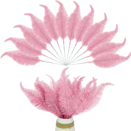 20 Pieces Artificial Christmas Glitter Leaves Branches Sparkly Fake Leaf Sprays for Christmas Tree Picks 10" Ornament Flower Arrangements DIY Crafts Wreaths Holiday Decoration Tree Fillers (Pink)