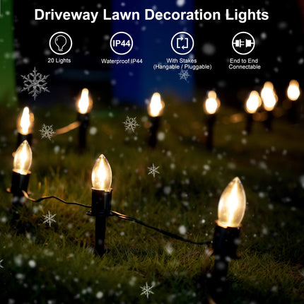 Christmas Pathway LED Lights Outdoor, 20 Lights C9 Walkway Lights with Stakes, 24.2ft Clear Driveway Christmas Lights for Pathway, Warm White, Extendable for Outdoor Decorations