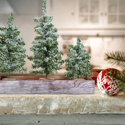 Winlyn Set of 3 Mini Snowy Artificial Canadian Pine Christmas Trees with Wood Bases Small Tabletop Christmas Trees in Rustic Wood Planter for Christmas Winter Table Centerpiece Holiday Decorations