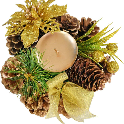 HOME-X Golden Pinecone Christmas Wreath Candle Holder, Artificial Advent Wreath, Winter Home Decorations, (6” Diameter)