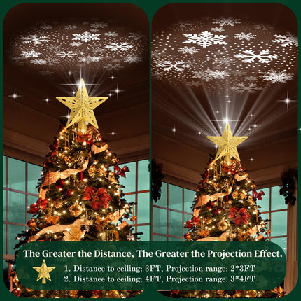 Christmas Tree Topper Lighted with 8 Projector Patterns Modes, Christmas Tree Star Topper LED Rotating Lights, 3D Glitter Lighted Tree Topper for Party Holiday Christmas Decorations (Gold)