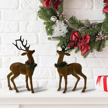 2pcs Reindeer Christmas Decorations, Flocking Christmas Reindeer Figurines with Red Berry and Pine Needle, Deer Décor Christmas Table Decorations, Christmas Table Centerpieces