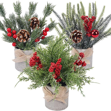 HUAESIN Small Christmas Table Decorations 9.4 Inch Tabletop Mini Christmas Centerpiece Potted Christmas Tree with Pinecones and Berries, Xmas Fake Plants for Tables Home Mantel Holiday Decor, 3 Pack