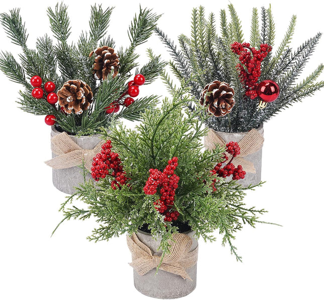 HUAESIN Small Christmas Table Decorations 9.4 Inch Tabletop Mini Christmas Centerpiece Potted Christmas Tree with Pinecones and Berries, Xmas Fake Plants for Tables Home Mantel Holiday Decor, 3 Pack