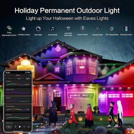 Smart Permanent Outdoor Lights for House, 50ft RGB+IC Permanent Christmas Lights outdoor, IP67 Waterproof with 54 Scene, for Halloween Christmas All Holiday Decor, Work with Alexa, Google Assistant