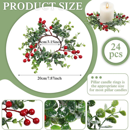 Lyrow 24 Pcs Christmas Candle Rings Artificial Candle Wreaths Garland Simulation Red Berries Xmas Mini Candle Holder for Pillars Rustic Wedding Centerpiece Table Closet Decorations