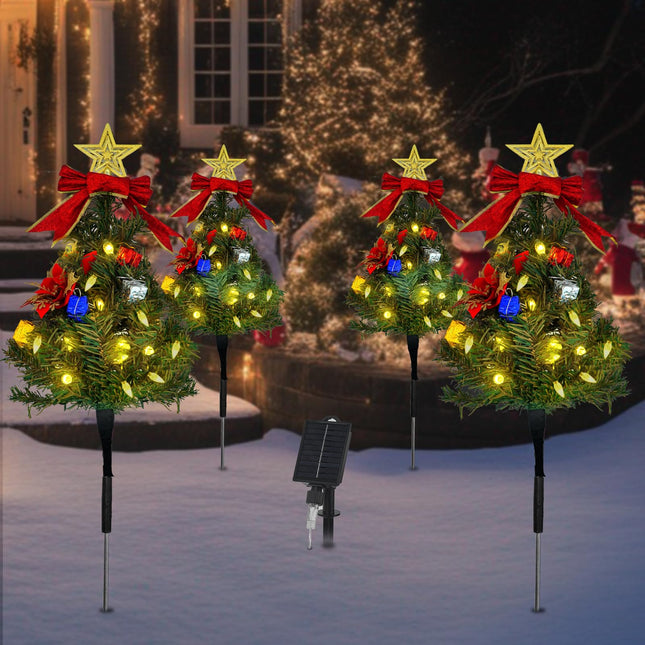 Solar Christmas Tree Pathway Lights Outdoor, Set of 4 Solar Christmas Tree Stake Lights, 80 Outdoor LEDs Xmas Pathway Lights, Garden Stake Lights Decor DIY Xmas Tree (Warm White)