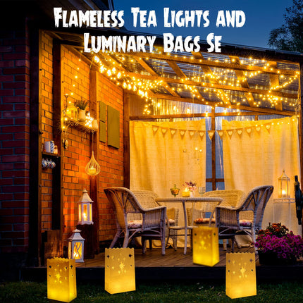 100 Set Luminary Paper Bags with Flameless Tea Lights Christmas Flameless Candle with Luminaries Candle Bag LED Tea Light for Birthday Wedding Halloween Christmas Thanksgiving Party Decor (Firework)