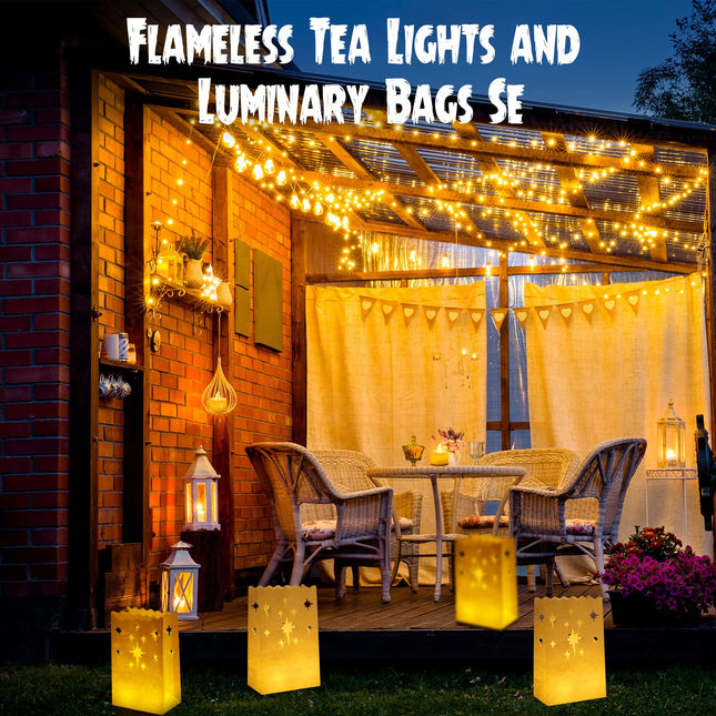 100 Set Luminary Paper Bags with Flameless Tea Lights Christmas Flameless Candle with Luminaries Candle Bag LED Tea Light for Birthday Wedding Halloween Christmas Thanksgiving Party Decor (Firework)