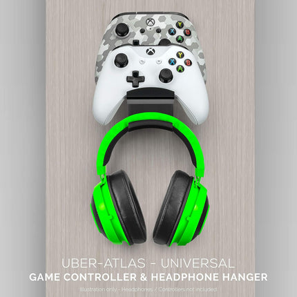 The UberAtlas Dual Game Controller & Headphone Stand Wall Mount Holder for Xbox ONE, Series X, PS5, PS4, PS3, Switch, STEELSERIES Gamepad & More, Stay Organized No Screws, by Brainwavz
