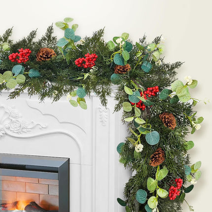 Christmas Garland,Artificial Pine Cypress Garland with Berry and Pinecone,Christmas Greenery Garland for Mantle,Table,Stair Handrail,Indoor,Outdoor Christmas Decorations(5.9FT