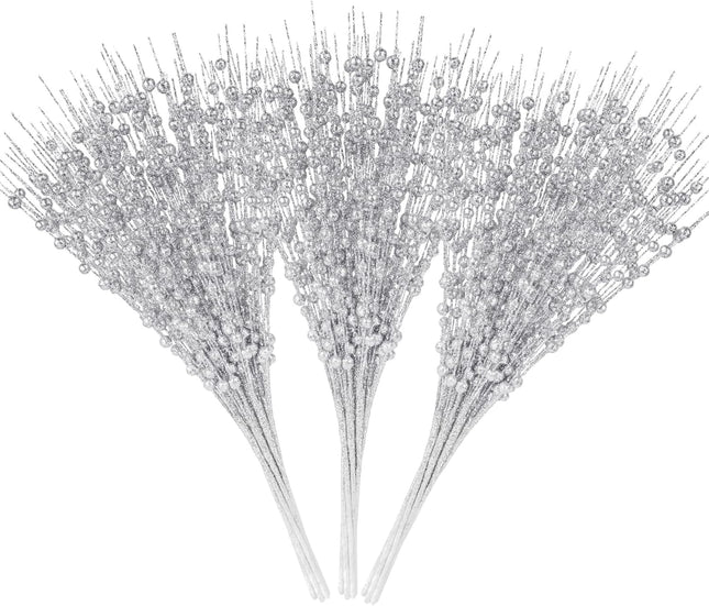 24 Pack Silver Christmas Tree Picks and Sprays, Artificial Glitter Berry Stems Branches for Christmas Tree Ornaments Glittery Bead Twigs for Holiday Party Garland DIY Xmas Berries Decorations