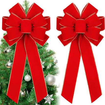 2 Pieces Red Christmas Bows 20 x 12 Inches Large Velvet Christmas Wreath Bow with Glitter Gold Edge Christmas Tree Topper Ornament Bow for Christmas Home Indoor Outdoor Door Decor