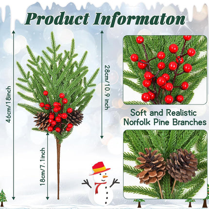 MARTINE MALL 12Pcs Christmas Norfolk Pine Branches with Pine Cones&Berries, 18In Fake Greenery Norfolk Pine Branches Evergreen Artificial Pine Branches for Xmas DIY Craft Garland Home Decor