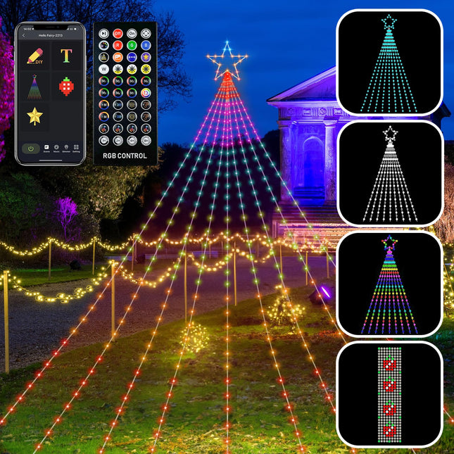 Outdoor Smart Christmas Waterfall Star Lights, 11.8Ft 344 LED Waterfall Tree Lights with App Control Music Sync, Waterproof RGB Color Changing Star String Lights for Patio Xmas Decorations Party