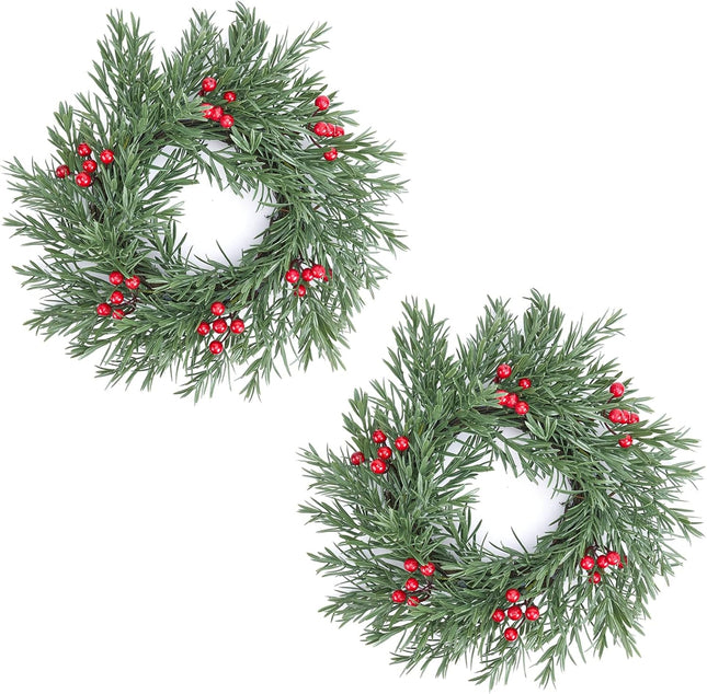 Small Christmas Wreath 2Pcs 14 Inches Farmhouse Xmas Winter Spring Decoration Window Kitchen Cabinet Green Red Berry Wreaths
