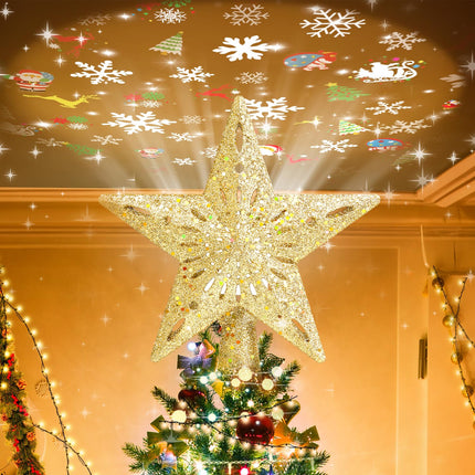 Mrrihand Christmas Tree Topper Lighted with 6 Projection Modes, Christmas Star Tree Topper Built-in LED Rotating Lights, Gold 3D Glitter Dynamic Projection for Christmas Tree Decorations