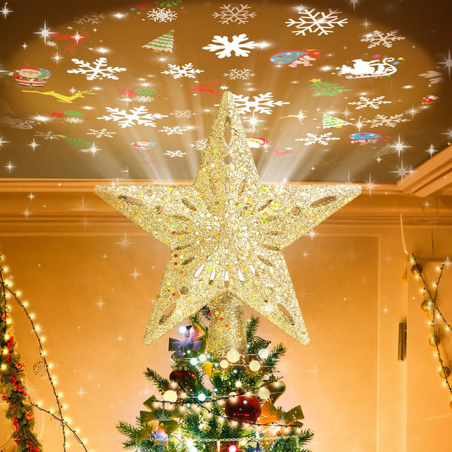 Mrrihand Christmas Tree Topper Lighted with 6 Projection Modes, Christmas Star Tree Topper Built-in LED Rotating Lights, Gold 3D Glitter Dynamic Projection for Christmas Tree Decorations