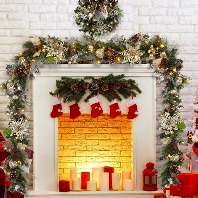 Adeeing 6ft Prelit Christmas Garland with 20 Lights, Xmas Fake Vines with Bows Christmas Balls Flowers Berries Greenery Christmas for Front Door Fireplace Mantel Porch Holiday Decorations