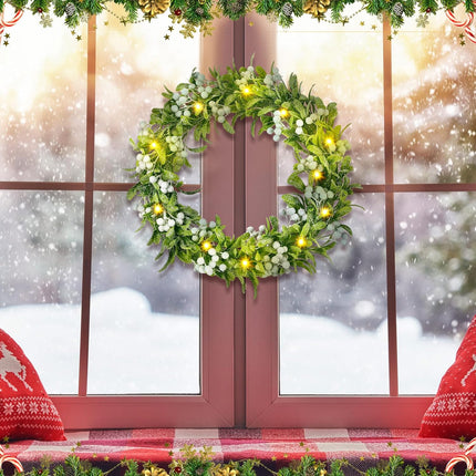 Dingion 16 Inch Flocked Olive Christmas Wreath with Lights Pre-Lit Artificial Christmas Wreath for Front Door Snowy Olive Garland Battery Operated Door Wreath for Fireplace Indoor Outdoor Wall Window