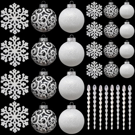 SLEETLY 32pk Christmas Ornaments for Tree Holiday Xmas Decorations, Shatterproof Plastic 3.15/2.36 Inch Glitter Balls, Icicles and Snowflakes Set, White