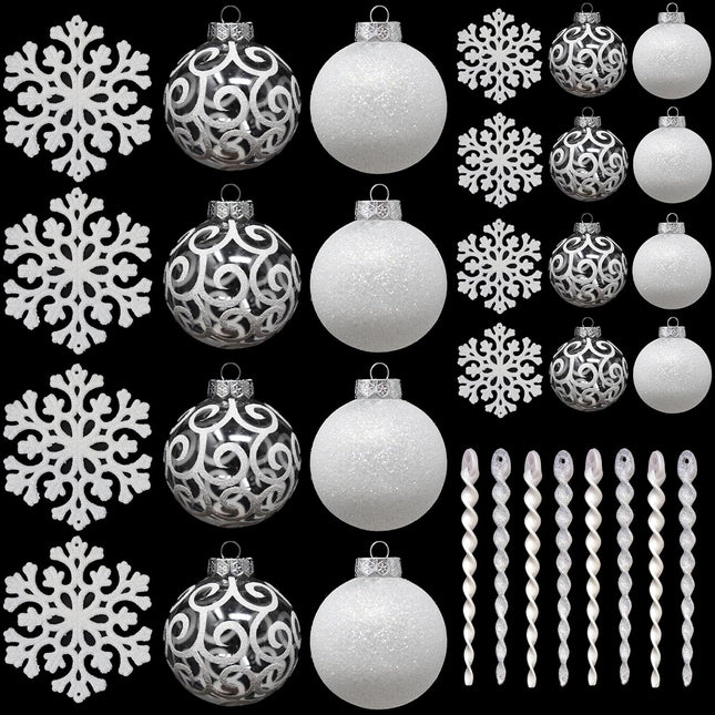 SLEETLY 32pk Christmas Ornaments for Tree Holiday Xmas Decorations, Shatterproof Plastic 3.15/2.36 Inch Glitter Balls, Icicles and Snowflakes Set, White