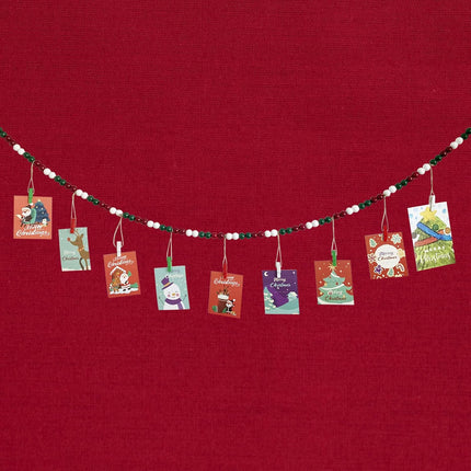 Christmas Hanging Photo Display With 9 Clips, Wooden Bead Garland, Boho Style Collage Photo Frame Decoration for Dorms, Classrooms, Bedrooms