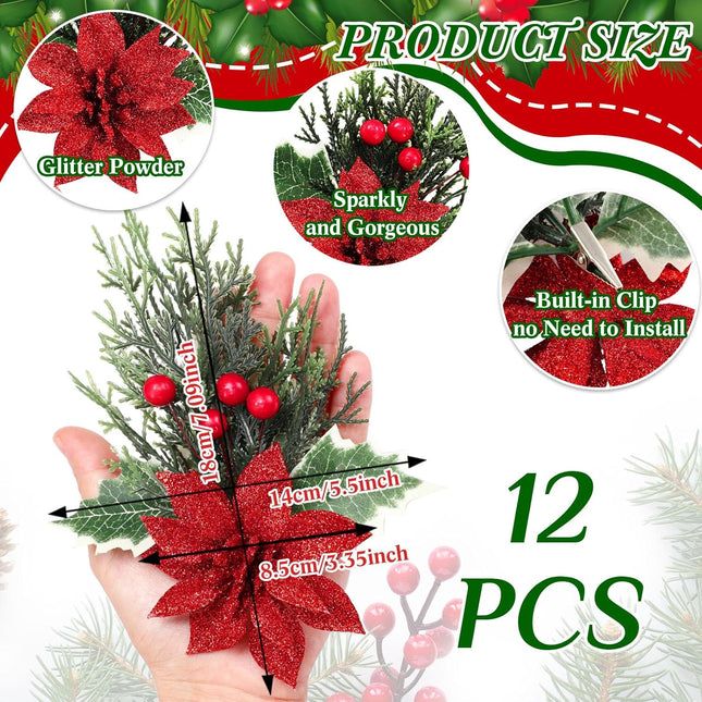 Hotop 12 Pcs Poinsettia Flowers Christmas Artificial Glitter Flower with Clips Poinsettia Christmas Decorations Artificial Christmas Flowers for Garland Wreath Tree Home Party (Red,Classic)