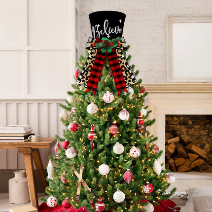 Buffalo Plaid Christmas Tree Topper Top Hat with Handmade Leopard Black and Red Check Bows Xmas Believe Ornament Winter Holiday Santa Home Decoration Wreath Festive Ideas Supplies