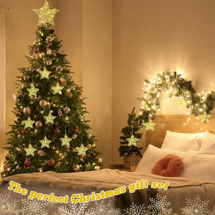 Hiboom 10 Pcs Lighted Christmas Tree Topper Star Decorations 2 Pcs 10'' Hollow Christmas Star and 8 Pcs Star Ornament Battery Operated Christmas Star Build in 20 LED for Holiday Indoor Christmas Decor