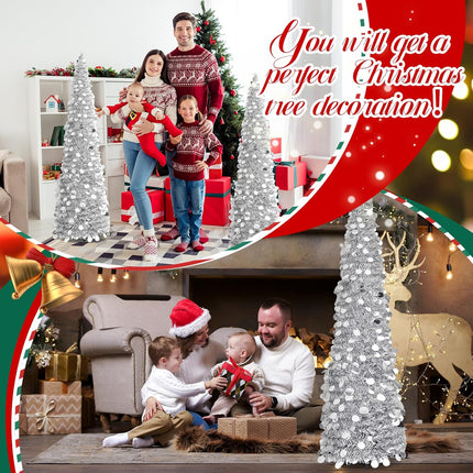 Leyndo 2 Pcs 5 ft Collapsible Artificial Christmas Tree Pencil Pop up Christmas Tree Tinsel Skinny Silver Sequined Christmas Tree for Home Fireplace Decoration