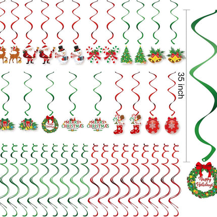 40pcs Christmas Swirls Decoration, Konsait Red Green Party Merry Christmas Hanging Swirls Garland Foil Ceiling Ornaments,Xmas Holiday Party Decor Supplies,Snowman Christmas Tree, Already Assembled