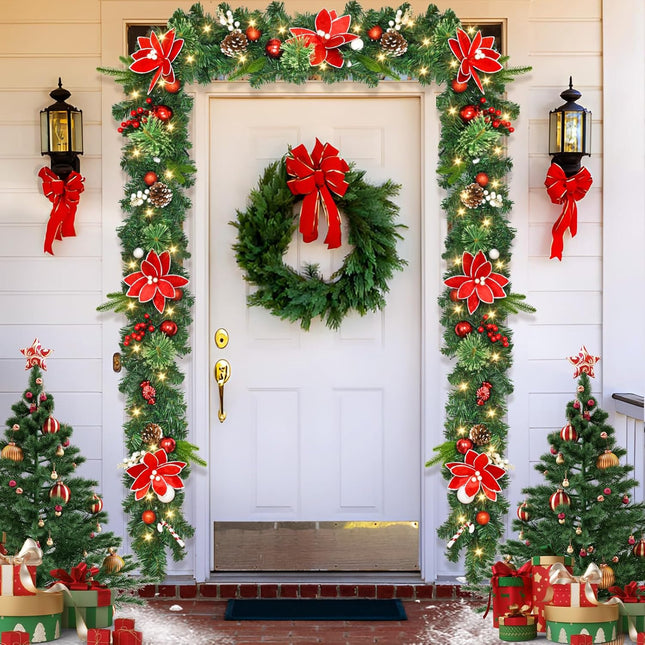 Christmas Garland with Lights, 9Ft Prelit Christmas Garland with Pinecones Red Berries Bows Christmas Balls Candies for Christmas Decorations and Holiday Mantle Fireplace Decor