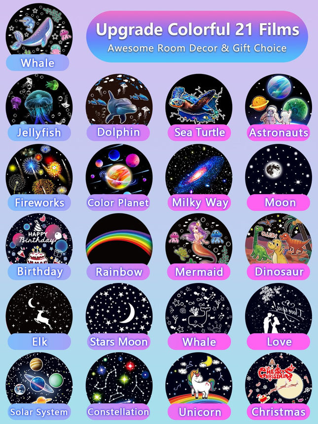 Night Light for Kids + 21 Sets of Films, Projector Night Light for Kids Bedroom, Ceiling, Star Galaxy Projector with 360° Rotation for Baby Girls Boys, Birthday, Christmas, Baby Nursery, Room Decor