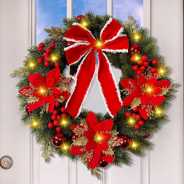 18Inch Christmas Wreath,Lighted Christmas Garland with Pine Needles Poinsettia for Home Indoor Outdoor Christmas Decorations Wreaths for Front Door Window Wall