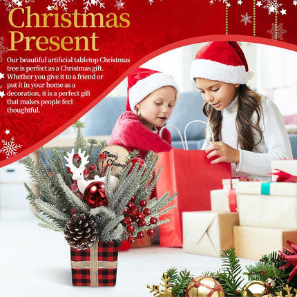 Artificial Christmas Tree, Small Christmas Tree Decorations, Holiday Decorations with red Apples、and Red and Black Checkered Base for Home Interior Christmas Decoration