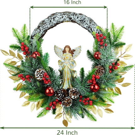 YULETIME 24" Angel Christmas Wreath, Artificial Holiday Wreath with Resin Angel Statue, Natural Rattan Ring & Pine Cones, Golden Leaves, Red Baubles, Spruce Branches, Snowy Pine Needles (Angel)