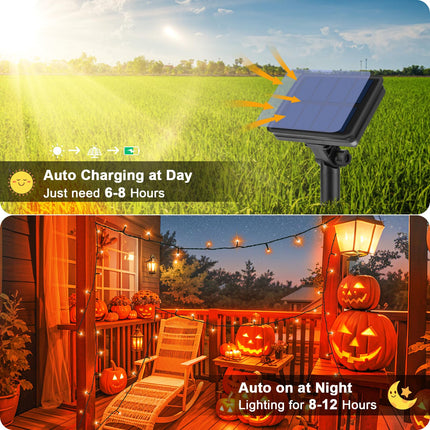 Solar String Lights for Halloween, Orange Halloween String Lights 39.4ft 120LED 8 Modes for Garden Yard Patio Tree Christmas Deorations