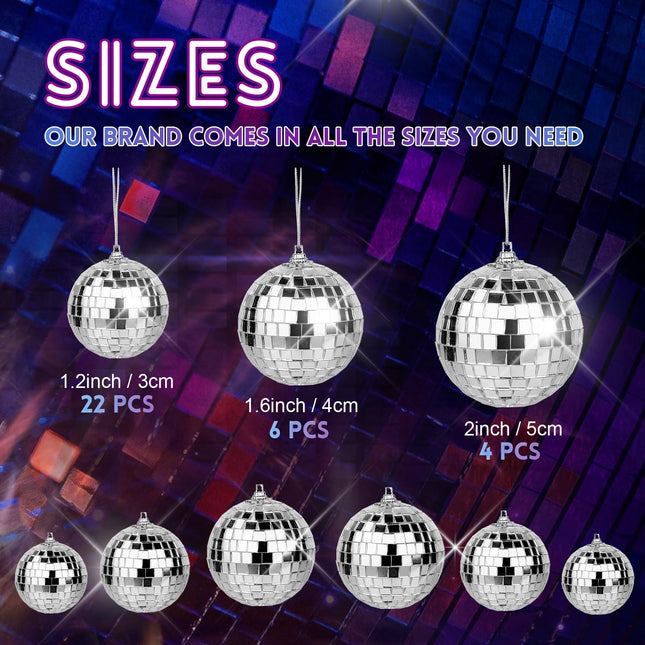 Pllieay 32Pcs Hanging Mirror Disco Ball Ornaments, 3 Sizes Disco Ball Decor, Hanging Disco Balls, Mini Disco Ball Ornaments for Christmas Tree, 70s Party, Music Festival(2”, 1.6”, 1.2”)