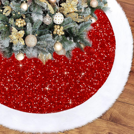 TOCHGREEN Sequin Christmas Tree Skirt 48inches Sparkly Tree Skirts with White Faux Fur Plush Tree Mat for Xmas Tree Holiday Winter Home Party Christmas Halloween Thanksgiving Decoration