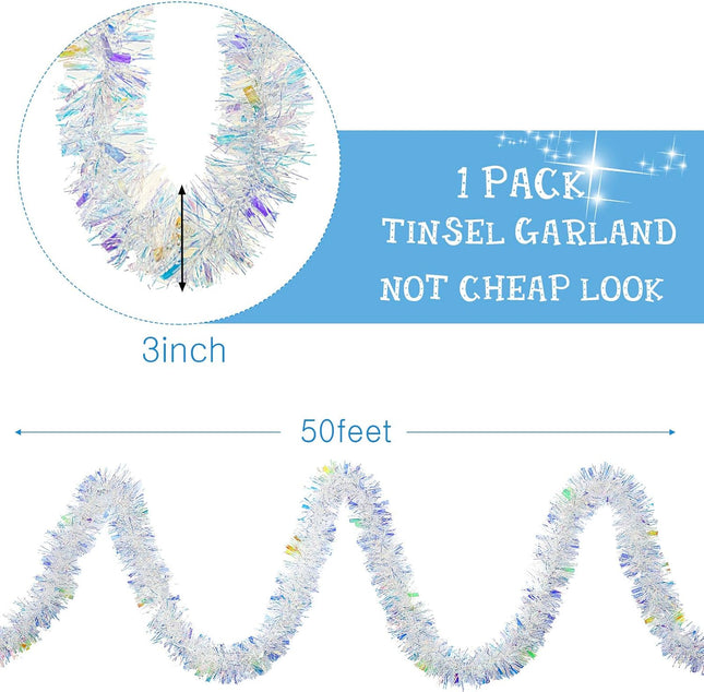 WILLBOND Iridescent Christmas Tinsel Garland White Metallic Twist Garland Xmas Tree Ornament Halloween Birthday Wedding Year Indoor Outdoor Party Decorations(50 Feet,Exquisite Color)