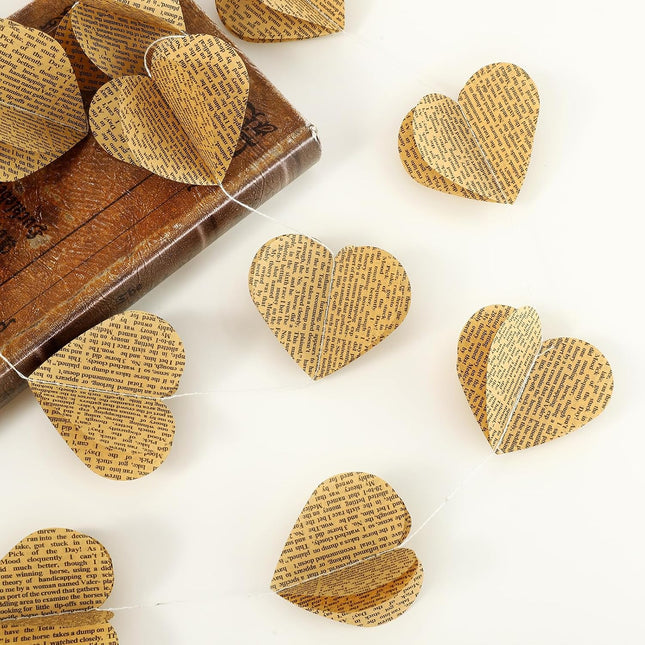 4 Pack 3D Heart Garland Vintage Pages Recycled Book Garland spaper Bunting Party Nursery Strand String Banner Wedding Holiday Christmas Garland Decorate (Vintage Heart)