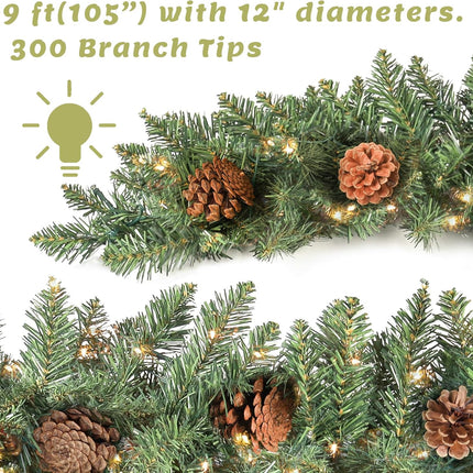 9 ft Christmas Garland, Pre-lit Garland with 50 Warm Lights, Classic Green Christmas Garland with 300 Branch Tips and Real Pinecone Decoration