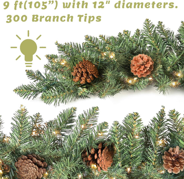 9 ft Christmas Garland, Pre-lit Garland with 50 Warm Lights, Classic Green Christmas Garland with 300 Branch Tips and Real Pinecone Decoration
