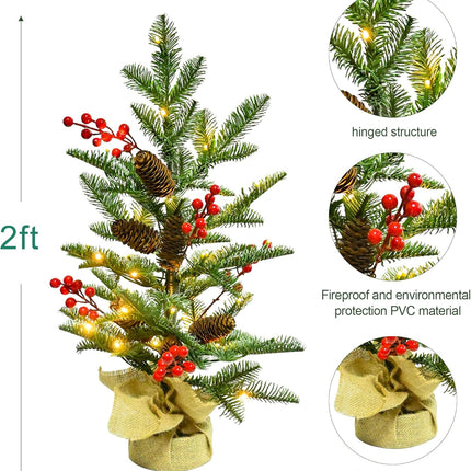 2FT Pre-lit Mini Christmas Tree with 30 LED Lights, Battery-Operated Tabletop Tree with Timer, Pine Cones & Berries – Ideal for Party Decorations and Holiday Décor