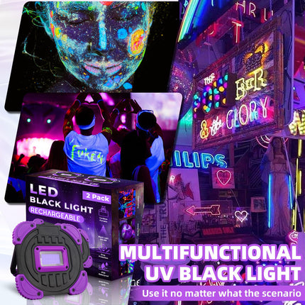 Rechargeable Black Light, Cordless 395nm Battery Powered Blacklights for Glow Party, IP65 Waterproof, Body Painting, Fishing, Halloween, Neon Glow Party, Christmas, s, 2 Pack