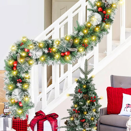 TechKen 9 FT Christmas Garland with Lights, Artificial Prelit Pine Cones Garland with Red Berries Indoor Outdoor for Christmas Stairs Railing Fireplace Front Door Decor